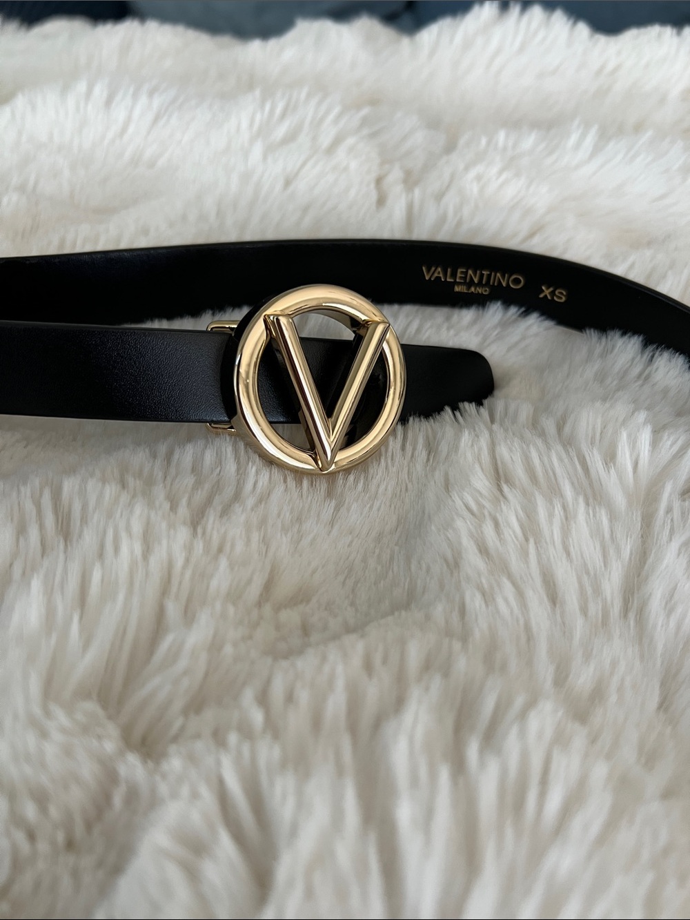 Valentino Black Leather Belt with Gold V-Round Buckle